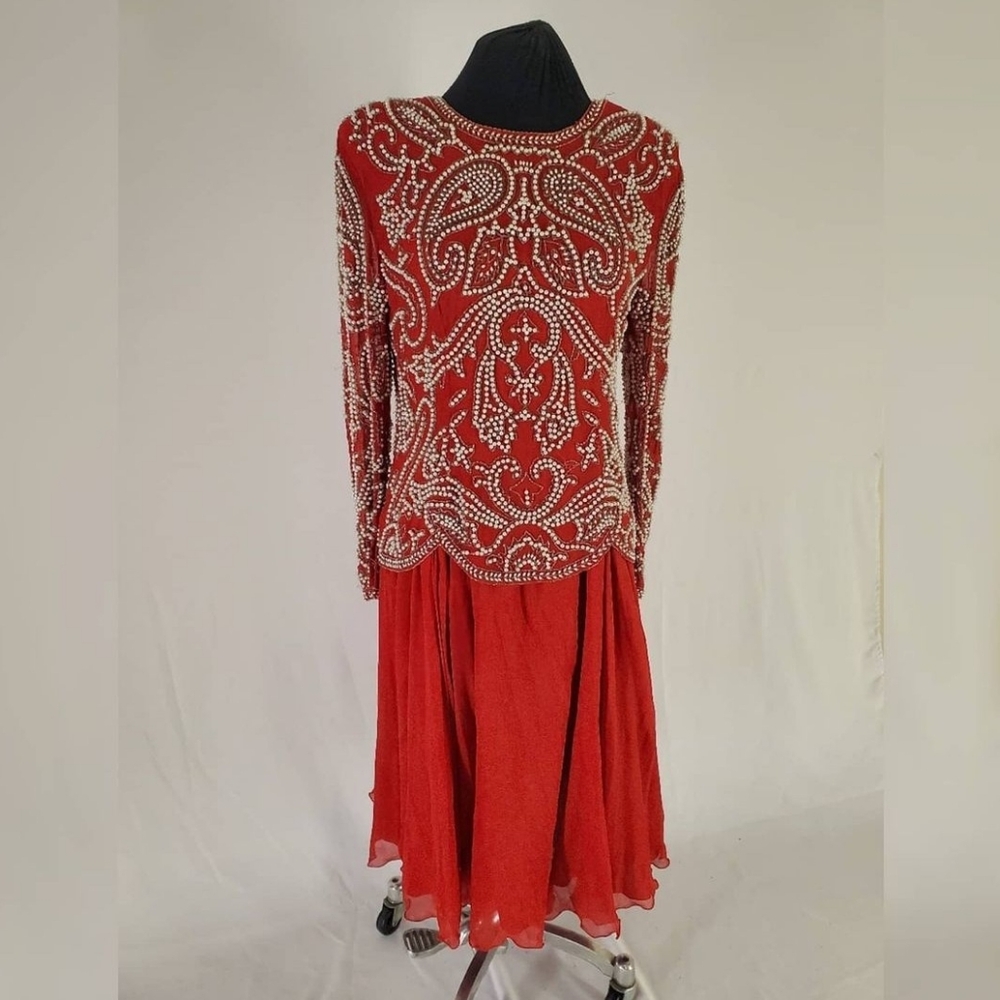 PERLA-Vintage Red Silk and Pearl Beaded Evening Dress